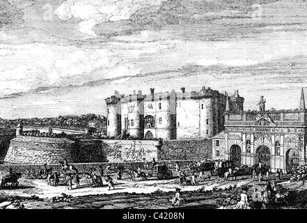 geography / travel, France, Paris, Bastille, exterior view with Porte Saint Antoine, copper engraving, 18th century, castel, fortress, prison, city gate, transport, transportation, kingdom, Ancien Regime, Western Europe, historic, historical, people, Artist's Copyright has not to be cleared Stock Photo