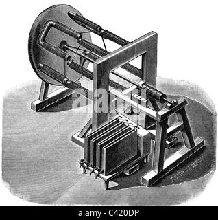 Jacobi, Moritz Hermann von, 21.9.1801 - 10.3.1874, German engineer, work, his electromagnetic motor, designed in 1834, wood engraving, late 19th century, Stock Photo
