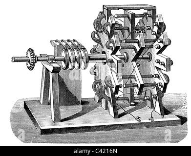Jacobi, Moritz Hermann von, 21.9.1801 - 10.3.1874, German engineer, work, electromagnetic motor, used to power a boat on the Neva river in 1838/1839, wood engraving, late 19th century, Stock Photo