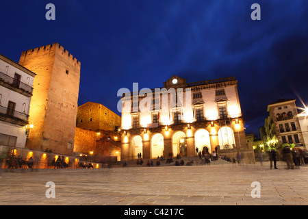 Night on the main square (Plaza Mayor) of Caceres in the Extremadura province of Spain. Stock Photo