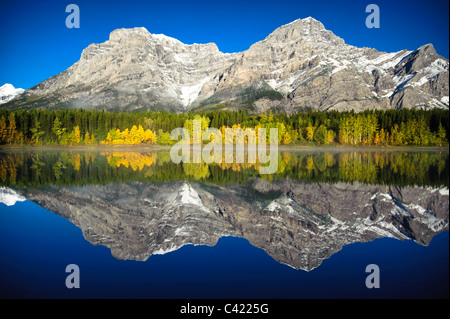 Wedge Pond mirrors the surrounding mountains and colorful autumn foliage on an early fall morning in Kananaskis Country, Alberta Stock Photo