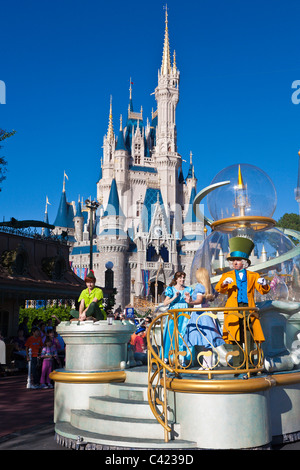 Disney characters ride a float in A Dream Come True parade at the Magic Kingdom in Disney World, Kissimmee, Florida Stock Photo