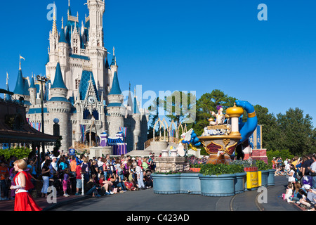 Aladdin riding on a float in A Dream Come True parade at the Magic Kingdom in Disney World, Kissimmee, Florida Stock Photo