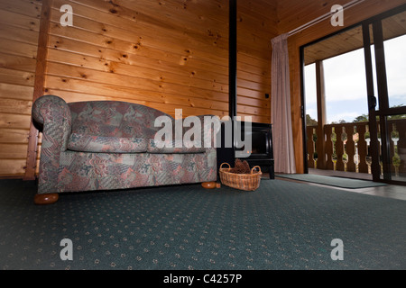 Nice warm interior of mountain lodge apartment. Fox Glacier Lodge, Fox Glacier, West Coast, South Island, New Zealand. Stock Photo