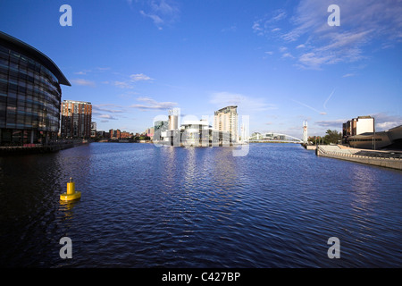 The Lowry and Millennium Bridge, taken from Media City, Salford Quays, Manchester, UK Stock Photo