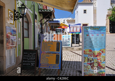 Restaurant signs, Praca Miguel Bombarda, Old Town, Albufeira, Algarve Region, Portugal Stock Photo