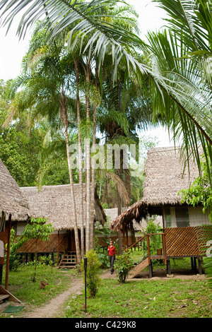 Peru, Boca Manu, Manu National Park, Manu Wildlife Centre, Tourist in garden. Stock Photo