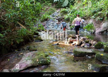 Peru, Cruz de Mayo, Manu National Park, UNESCO World Heritage Site, Pantiacolla mountains. Tourists, couple crossing stream. Stock Photo