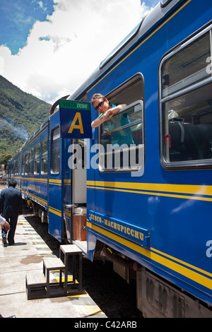 Peru, Aguas Calientes, Machu Picchu, Train from Ollantaytambo to Aguas Calientes. Stock Photo