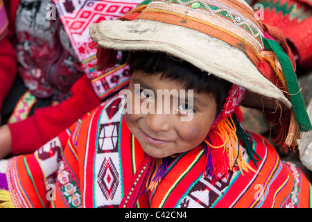 Peru, Patakancha, Patacancha, village near Ollantaytambo. Indian Boy in traditional dress. Stock Photo