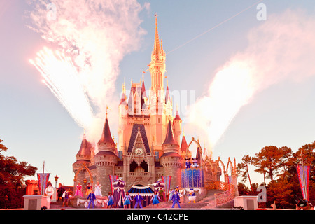 Fireworks at the end of a show at Cinderella's Castle in the Magic Kingdom at Disney World, Kissimmee, Florida Stock Photo