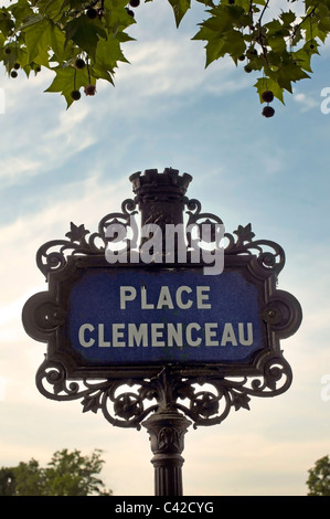 PARIS, FRANCE - MAY 07, 2011: Ornate Street sign for Place Clemenceau Stock Photo