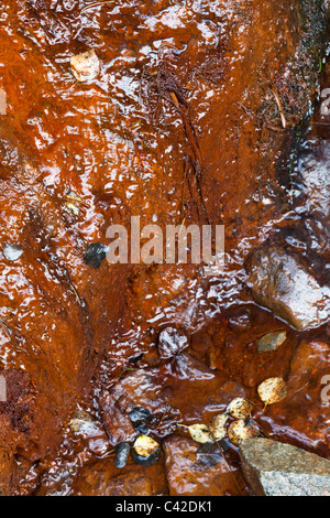 Iron staining in stream from Llorts iron mine Andorra Stock Photo