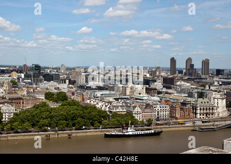 Aerial view of London from the Southbank, looking North towards HMS President moored on the Victoria Embankment, London, UK. Stock Photo