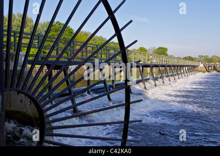 The weir at Teddington in the river Thames showing the tidal waters with trees in the background on a sunny afternoon Stock Photo