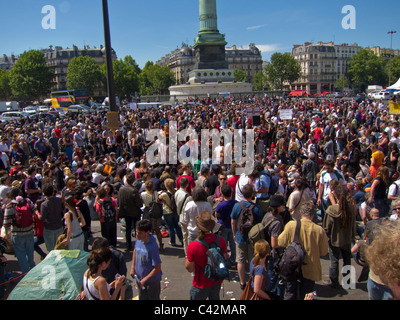 Paris, France, big crowds aerial Street of French People, Demonstrating in Support of Indignants 'Democracia Real Movement YA!' Rally Protests, Stock Photo