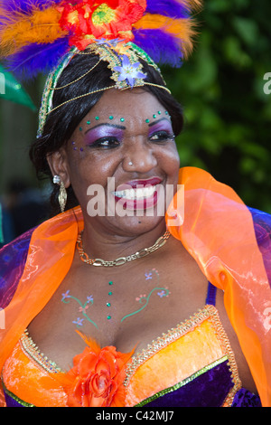 Caribbean costumes   Costumed woman at the Preston Caribbean Carnival, Lancashire, UK   May 2011 Stock Photo