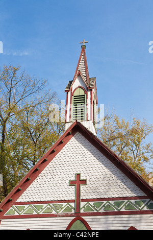 Steeple of old St. Joseph's Catholic Church in Billie Creek Village at Rockville in Parke County, Indiana, USA Stock Photo