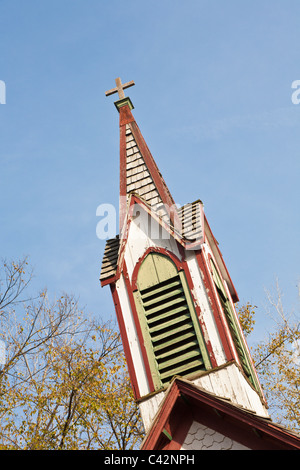 Steeple of old St. Joseph's Catholic Church in Billie Creek Village at Rockville in Parke County, Indiana, USA Stock Photo