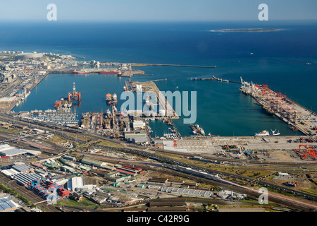 Aerial view of Table Bay harbour in Cape Town with Robben island visible in the background. Stock Photo