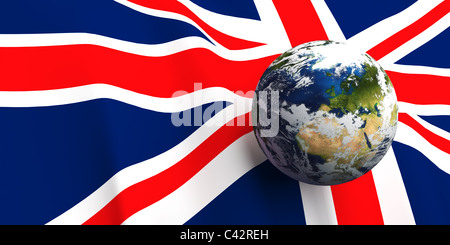 United Kingdom flag background, Earth in foreground showing country of England through cloud cover Stock Photo