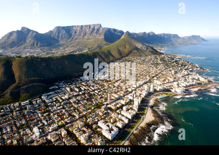Aerial view of the Cape Town suburbs of Sea Point , Fresnaye and Bantry Bay with Table Mountain visible in the background. Stock Photo
