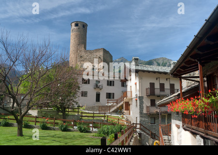 small village with the ruins of an ancient castle in Aosta Valley, Italy. Image slightly precessed with hdr technique Stock Photo