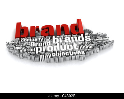 3d Red And White Branding Word Collage  Huge group of branding related terms gathering together on white background Stock Photo