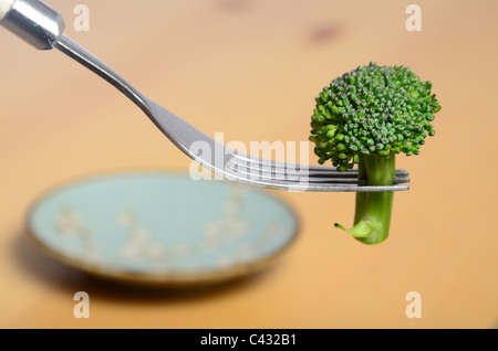 broccoli on a fork above a plate Stock Photo