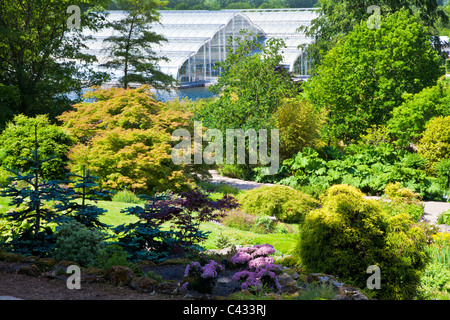 The glasshouse viewed from the top of the rock garden at RHS Wisley, Surrey, England, UK Stock Photo