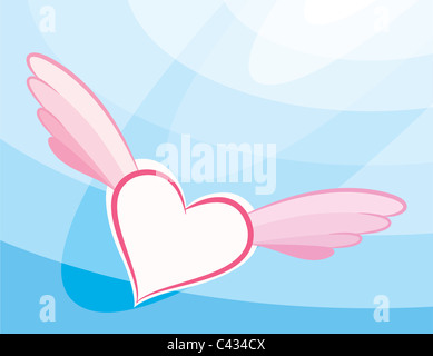Abstract heart with wings flying on shining sky background