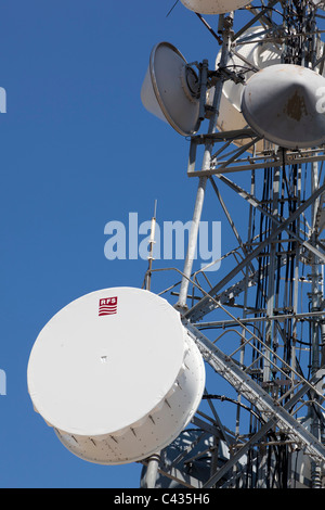 Microwave communication dish on tower Stock Photo