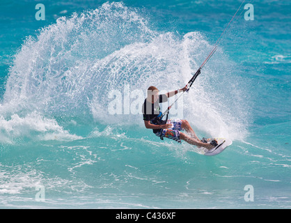 Kitesurfing at Silver Sands, Barbados, Caribbean Stock Photo