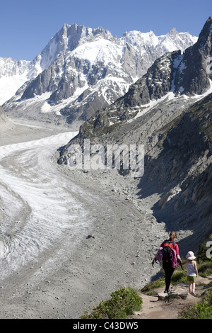 Young lady and a child hiking on a trail overlooking 'Mer de Glace' in the Mont Blanc Massif. The far mountains are the Grandes Jorasses. France. Stock Photo