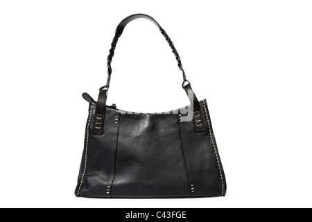 Women's black leather Radley handbag purse bag with shoulder strap on a white background Stock Photo