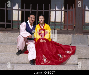 Asia, Costumes, Couple, Holiday, Kyongbokkung palace, Landmark, Seoul, South Korea, Korea, Tourism, Traditional, Travel, Vacatio Stock Photo