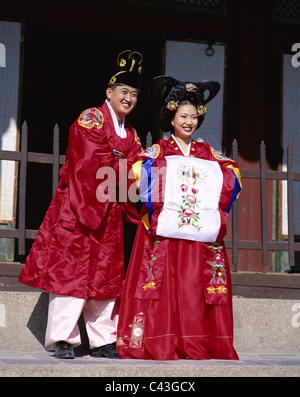 Asia, Costumes, Couple, Holiday, Kyongbokkung palace, Landmark, Seoul, South Korea, Korea, Tourism, Traditional, Travel, Vacatio Stock Photo