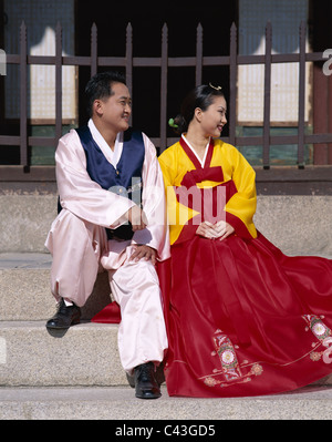 Asia, Costumes, Couple, Holiday, Kyongbokkung palace, Landmark, Seoul, South Korea, Korea, Tourism, Traditional, Travel, Vacatio Stock Photo