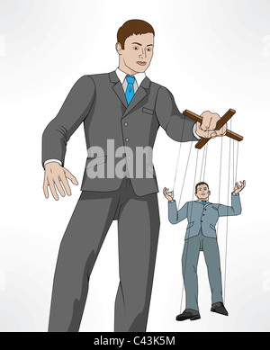 Conceptual illustration. Business man controlling other business man like a puppet on a string. Stock Photo