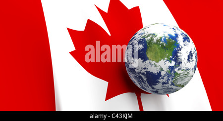 Canadian flag background, Earth in foreground showing country of Canada through cloud cover Stock Photo