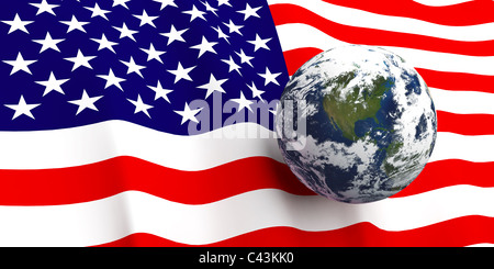 American flag background, Earth in foreground showing country of The United States of America through cloud cover Stock Photo
