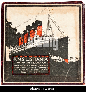 Lid of box containing cast iron propaganda medal of sinking of Cunard liner Lusitania by a German U Boat on 7 May 1915 JMH4947 Stock Photo