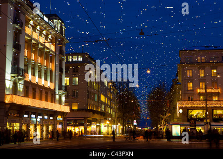 Zurich, Switzerland, canton Zurich, town, city, street, Bahnhofstrasse, houses, homes, dusk, lights, illumination, Christmas, li Stock Photo