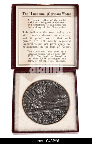 Interior box containing cast iron propaganda medal of sinking of Cunard liner Lusitania by a German U Boat on 7 May 1915 JMH4948 Stock Photo