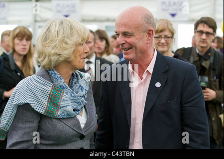 Duchess of Cornwall chatting to Sir John Scarlett former head of MI6 at Hay Festival 2011 Stock Photo