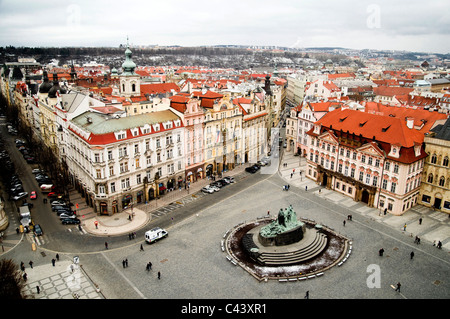 Prague's main square city landscape with monument from bird's-eye view. Stock Photo
