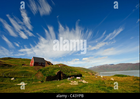 Greenland, Europe, south, Qassiarsuk, Brattahlid, fur, dry, building, construction, houses, homes, earth house, covered, camoufl Stock Photo