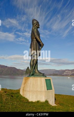 Greenland, Europe, south, Qassiarsuk, Brattahlid, Leif Eriksson, statue, standing, ax, shore, sky, Stock Photo