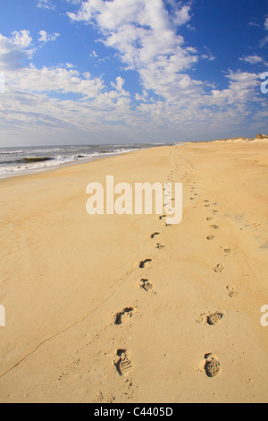 Footprints on the beach, Cape Hatteras National Seashore, Outer Banks, Buxton, North Carolina, USA Stock Photo