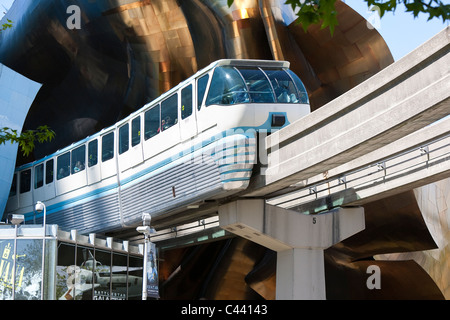 Seattle Center Monorail exiting Seattle Center Station - Seattle, Washington; series 3 of 3 Stock Photo